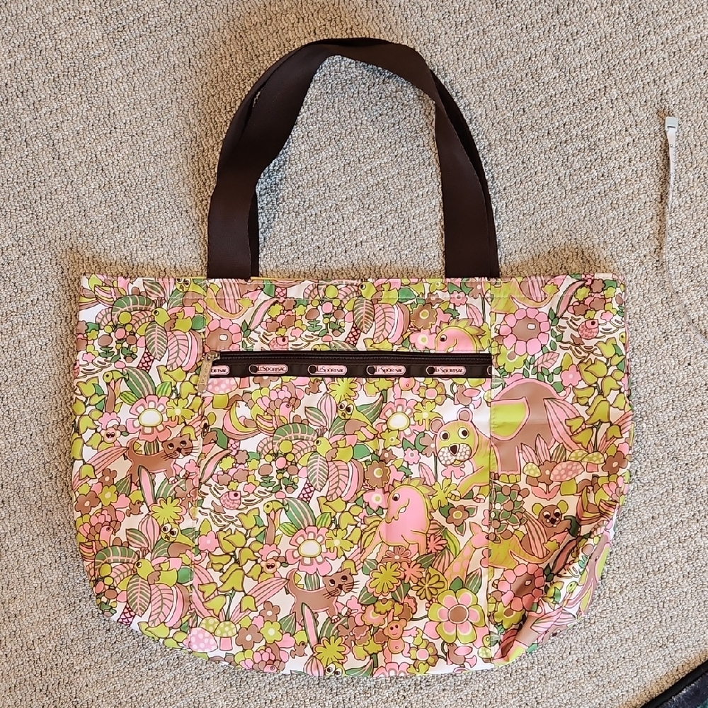 LeSportsac Tote Bag Pink Green Animal Print Reversible
